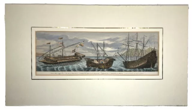 Antique Hand-colored Copper Engraving of Historical 16th C Sailing Ships, c.1850