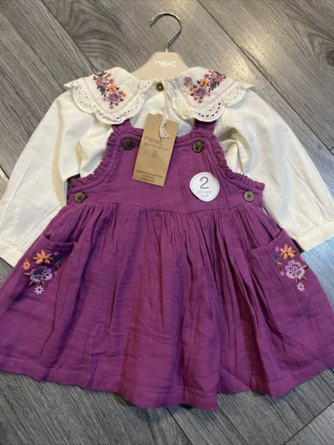 Next baby girl 9-12 months embroidered pinafore and shirt dress set BNWT 🌸