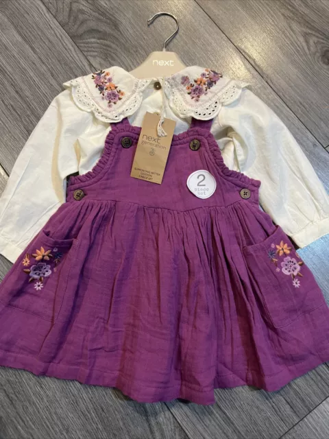 Next baby girl 9-12 months embroidered pinafore and shirt dress set BNWT 🌸