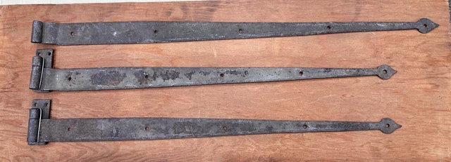 3 Large Antique Hand Forged Iron Strap Hinges  2 @ 32"L,  1 @ 35" L , Barn Door