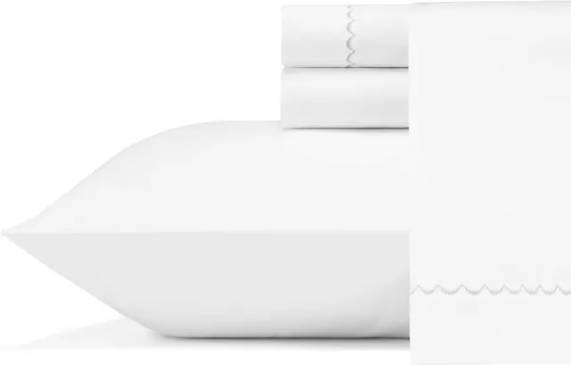 Vera Wang - Queen Sheets, Smooth Cotton Queen, Simple Scallop White/Grey