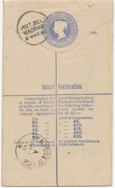 GB 1892 QV 2d PS Registered Env uprated Jubilee 2 1/2d (2) LONDON - MADRAS INDIA