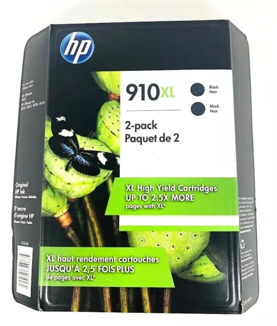 GENUINE 2-PACK HP 910XL High Yield Black Ink OFFICEJET PRO 8020 8025 SEALED 2023
