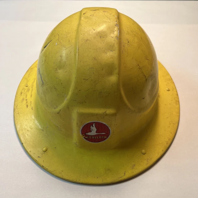 VINTAGE INDUSTRIAL MCCULLOCH Yellow Metal Logger Bump Hard Hat Hardhat