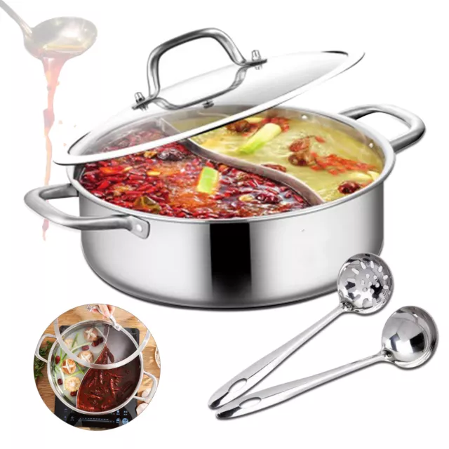 Hot Kochtopf Edelstahl Hotpot Kocher Mit 2 Suppenkellen Trennwand und Deckel]