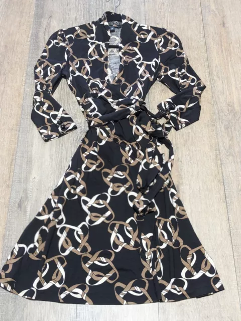 Banana Republic Wrap Dress Womens XS Petite Black Print 3/4 Sleeve Silk Wool Bln