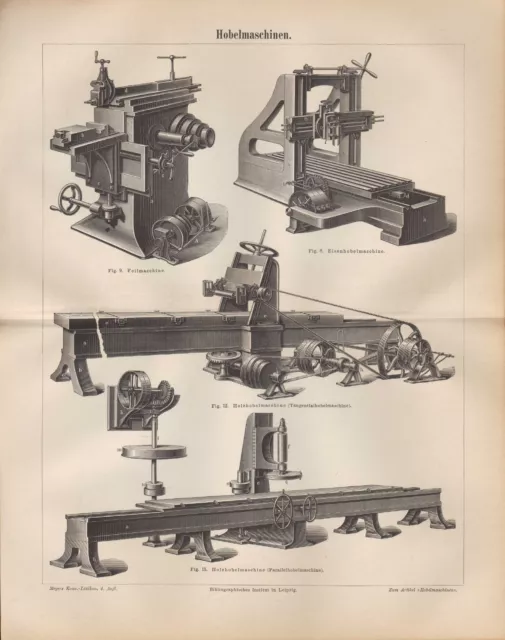 Lithografie 1890: Hobelmaschinen. Feilmaschine Holz Eisen Maschinen