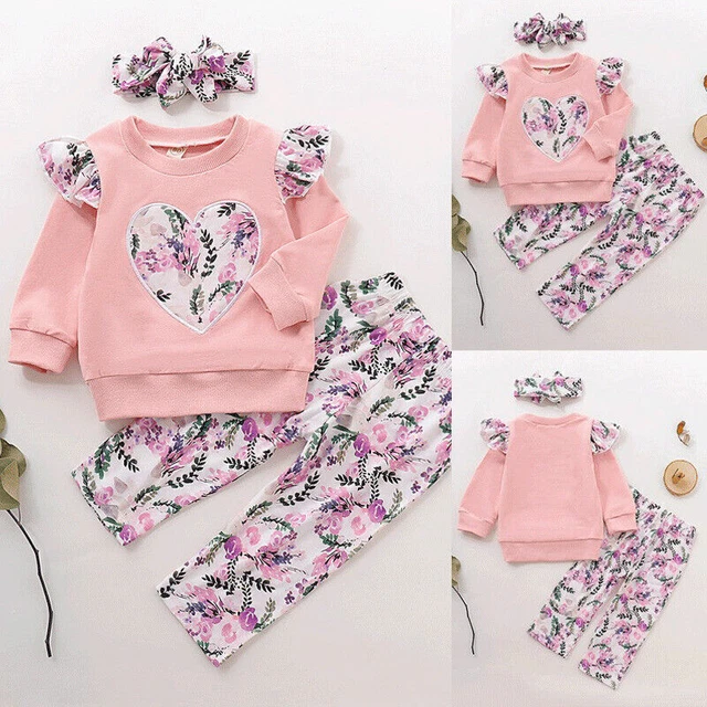 3PCS Kids Baby Girls Floral Heart Print Outfit Tops Pants Headband Tracksuit