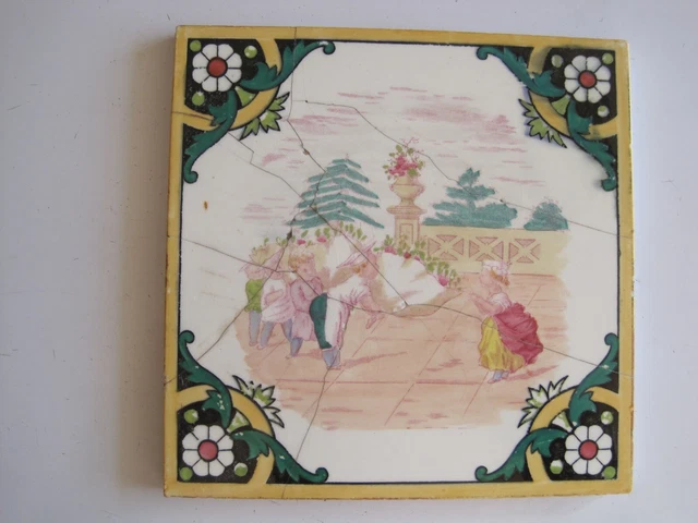 Antique Victorian Minton Hollins Regency Children Tile - Queue Of Boys C1875