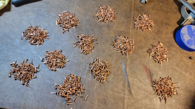 1200 VINTAGE 1/2” LONG SOLID COPPER TACKS sharp point's 1/4” WIDE flat head