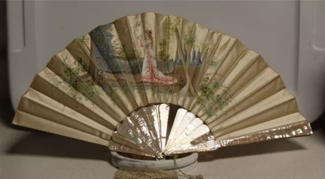 Antique Victorian Girl Bird Painted Silk Folding Hand Fan Mother Pearl Ribs Mop