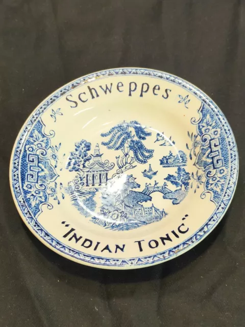 Cendrier Publicitaire Schweppes Indian Tonic bleu Faience Luneville BAR 3