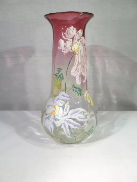 Ancien Joli Vase En Verre Emaille Art Nouveau 1900 Decor Fleurs En Relief