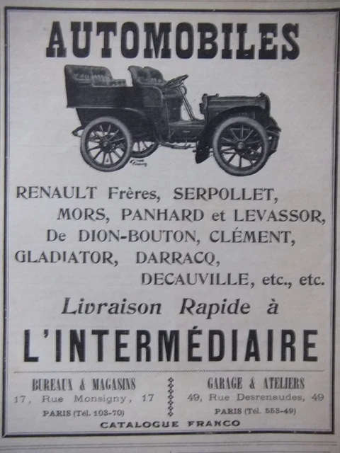 1903 Press Advertisement Renault Panhard And Levasor De Dion-Button