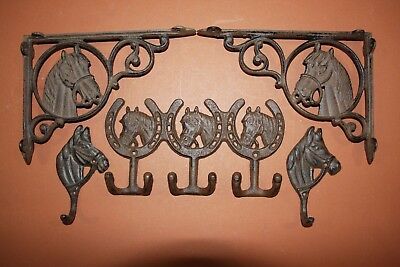 (5) Vintage-Look Horse Horseshoe Cast Iron Decor, Shelf Bracket, Wall Hook,Brown
