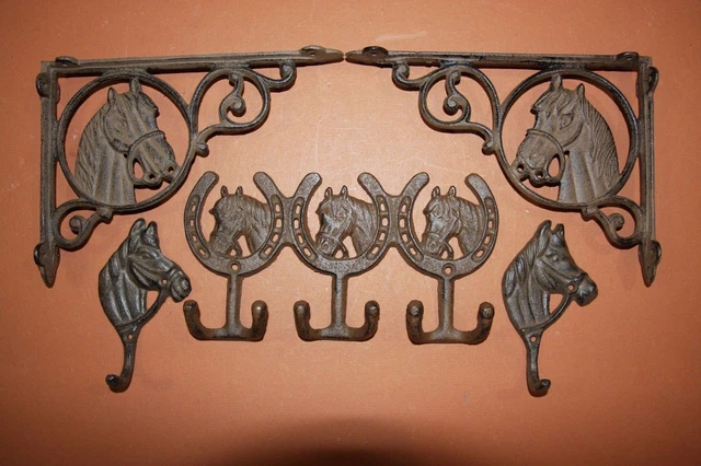 (5) Vintage-Look Horse Horseshoe Cast Iron Decor, Shelf Bracket, Wall Hook,Brown