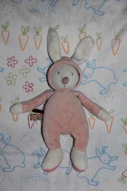 DOUDOU MOULIN ROTY MYRTILLE ET CAPUCINE LAPIN ROSE  BLANC HOCHET 20 cm pas servi