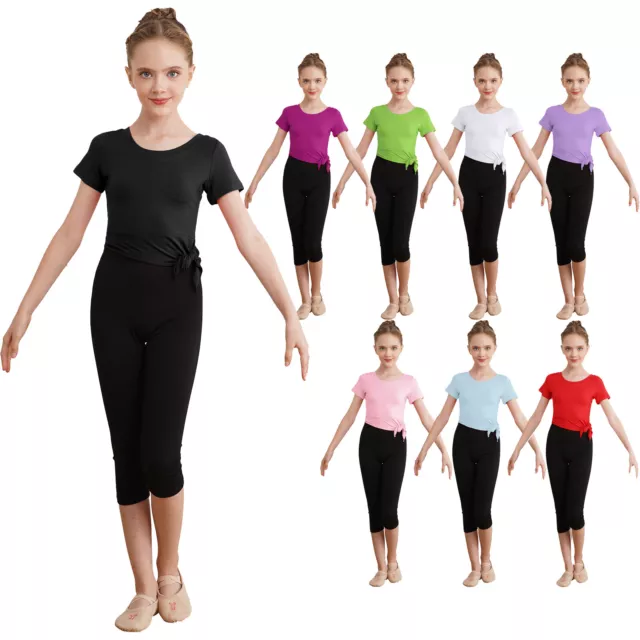 Kids Girls Irregular Hem Gymnastic Dance Crop Top with Capri Pants Set Tracksuit
