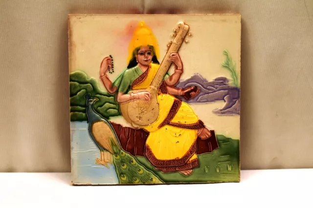 Ancien Carreau Art Nouveau Céramique Raja Ravi Varma Saraswati Gwalior Pottery