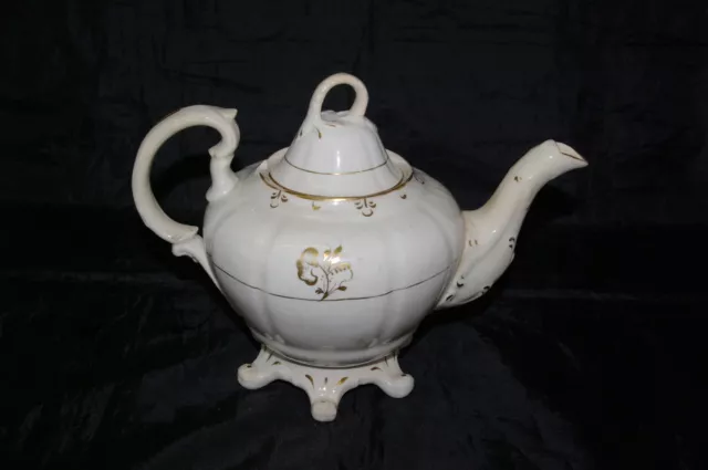 Antique Shabby Early 19th Century Bone China White & Gilt Teapot
