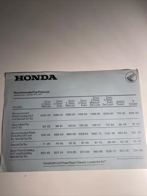 Honda Range Price List Guide Brochure 1973 Civic N600 Z Coupe 2 Door FREE POST