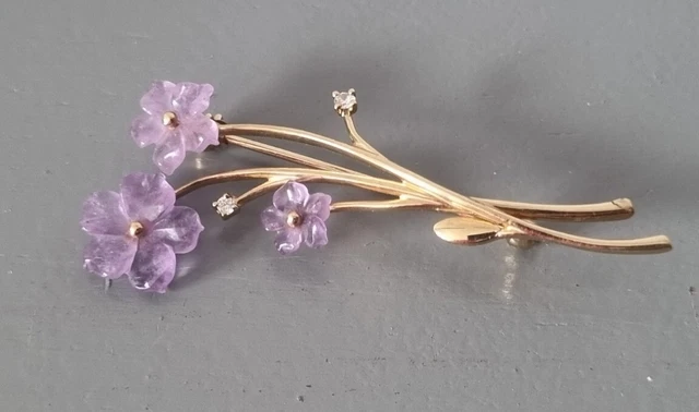 Broche Vintage Fleur Violette - Plaqué Or Jaune Et Blanc - Poinçon 45x20mm - France