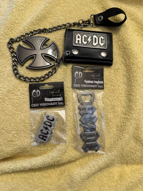 Lot of AC/DC Chain Wallet Keychain,Bottle Opener and Maltese Cross Belt Buckle