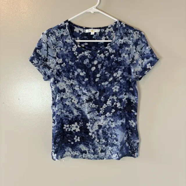 Piperlime Womens 100% Silk Top Blue Floral Blouse Short Sleeve Size XS