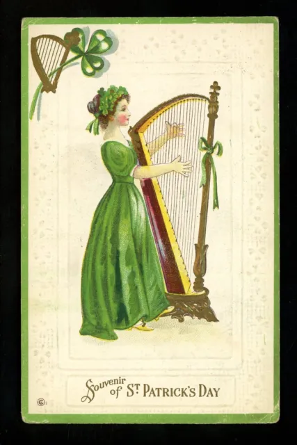 St. Patrick's Day Greetings postcard Ireland embossed greetings harp Vintage