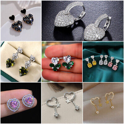 Women Jewelry Silver Cubic Zirconia Ear Stud Hook Dangle Wedding Earrings A Pair