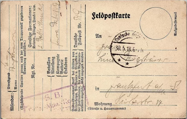 1918 Ww1 German Feldpoftbrief Dated 5/29/18 From Front Line Soldier 29-146