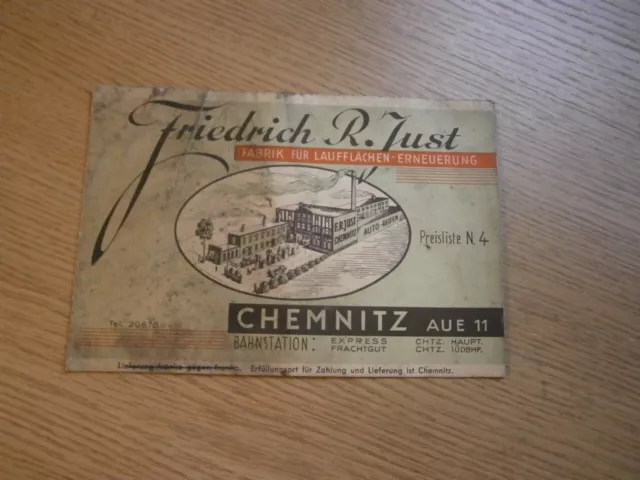 Friedrich R. Just Chemnitz, Preis-Liste Laufflächenerneuerung von Reifen um 1935