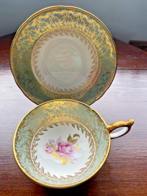 Vintage Aynsley Cabbage Rose  Bone China Green Tea Cup And Saucer