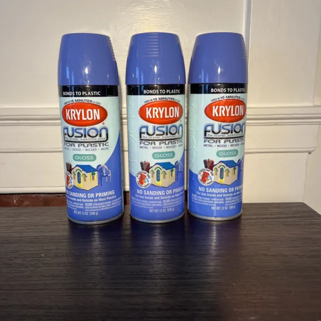 3 Krylon Fusion for Plastic Spray Paint - Gloss Blue Hyacinth 2333, 12 oz each
