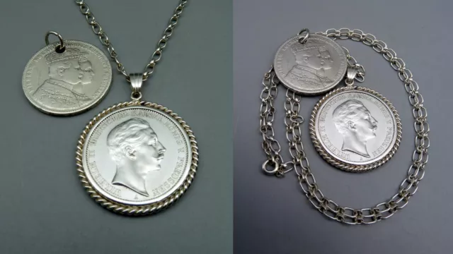 FF33 Antik Trachten Schmuck 2x Münzanhänger Kette 900 Silber Preussen Wilhelm