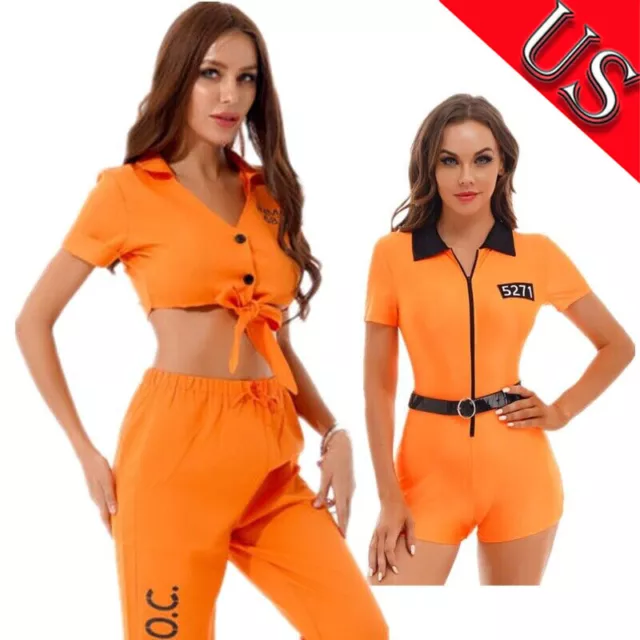 iEFiEL Womens Prisoner Role Play Costume Bodysuit Zipper Shorts Outfit  Halloween
