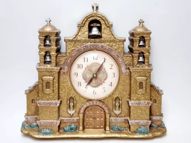 Vtg Spanish Mission Church Wall Clock Home Interiors Gold-Works-12.5" x 14.5"