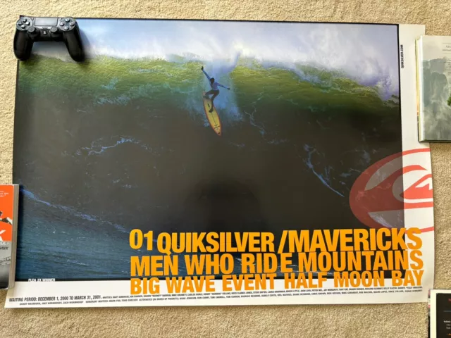 Vtg. Mavericks Surfing Quiksilver Men Who Ride Mountains Poster, Half Moon Bay