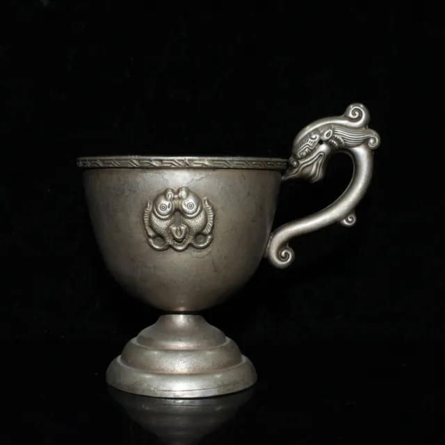 Collect Old Chinese pure white copper hand carven double fish pattern wine cup