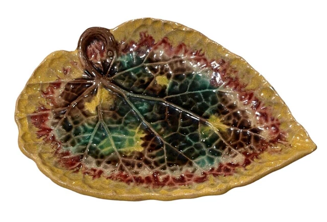 Antique English Majolica Leaf Plate Yellow gold/Green/Brown/ Maroon Glaze 19th C