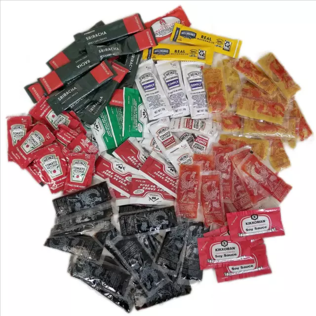 100 Condiment Packets Sriracha Kari Out Soy/Hot Sauce Mustard Heinz Ketchup Mayo