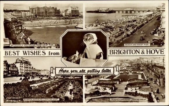 Ak Brighton and Hove East Sussex England, Beach and West Pier,... - 3786330