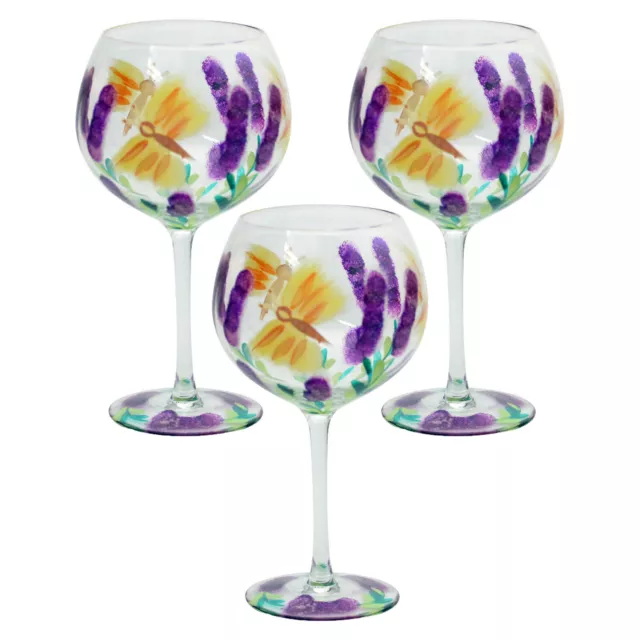 3pc Hand Painted Gin Glass Butterfly Balloon Copa Tonic Cocktail Floral Flower