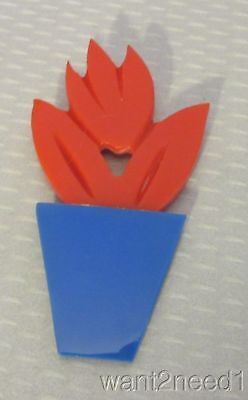 70s vtg mod French RED BLUE PLASTIC FLOWER POT PIN 3" carved tulip new/old stock