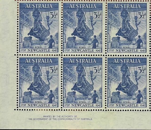 1947 Australian Cwlth Authority Full Sheet 60x 31/2d Blue Newcastle Steel Stamps 2