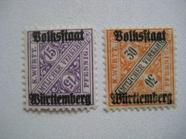Württemberg  1919 Mi.Nr. 139+142 ungebtaucht mit Falz 15+30 Pf. Aufd. Volksstaat