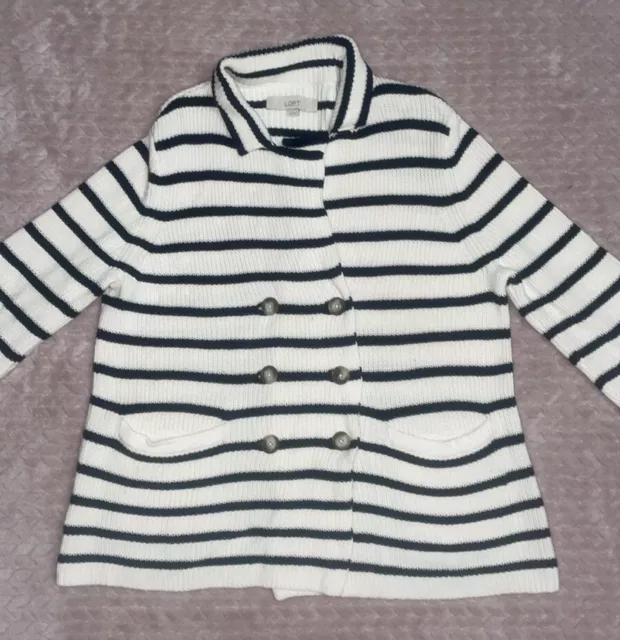 Loft Womens White/Navy Blue Striped Button Front Knit Sweater EUC Size XL