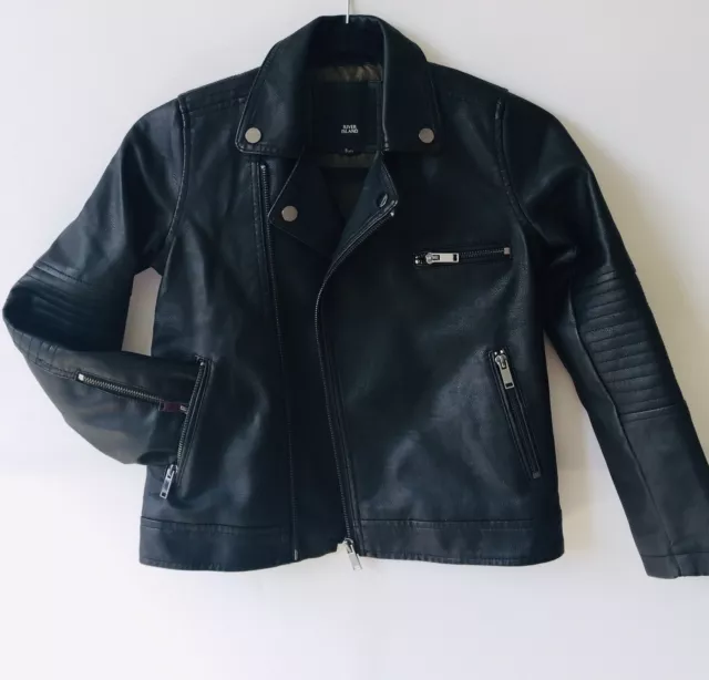 RIVER ISLAND Giacca da motociclista nera in finta pelle 8 anni. Nuovo. Rrp £32