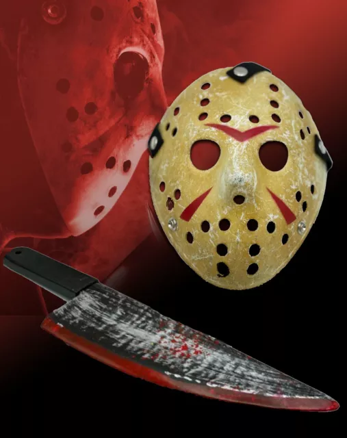 Friday The 13th Jason Voorhees Costume Prop Horror Hockey Mask + Bloody knife