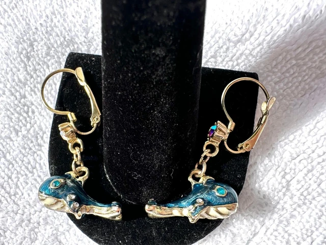 BETSEY JOHNSON Blue Whale Crystal Dangle Jacket Earrings Cute Animal Rhinestone